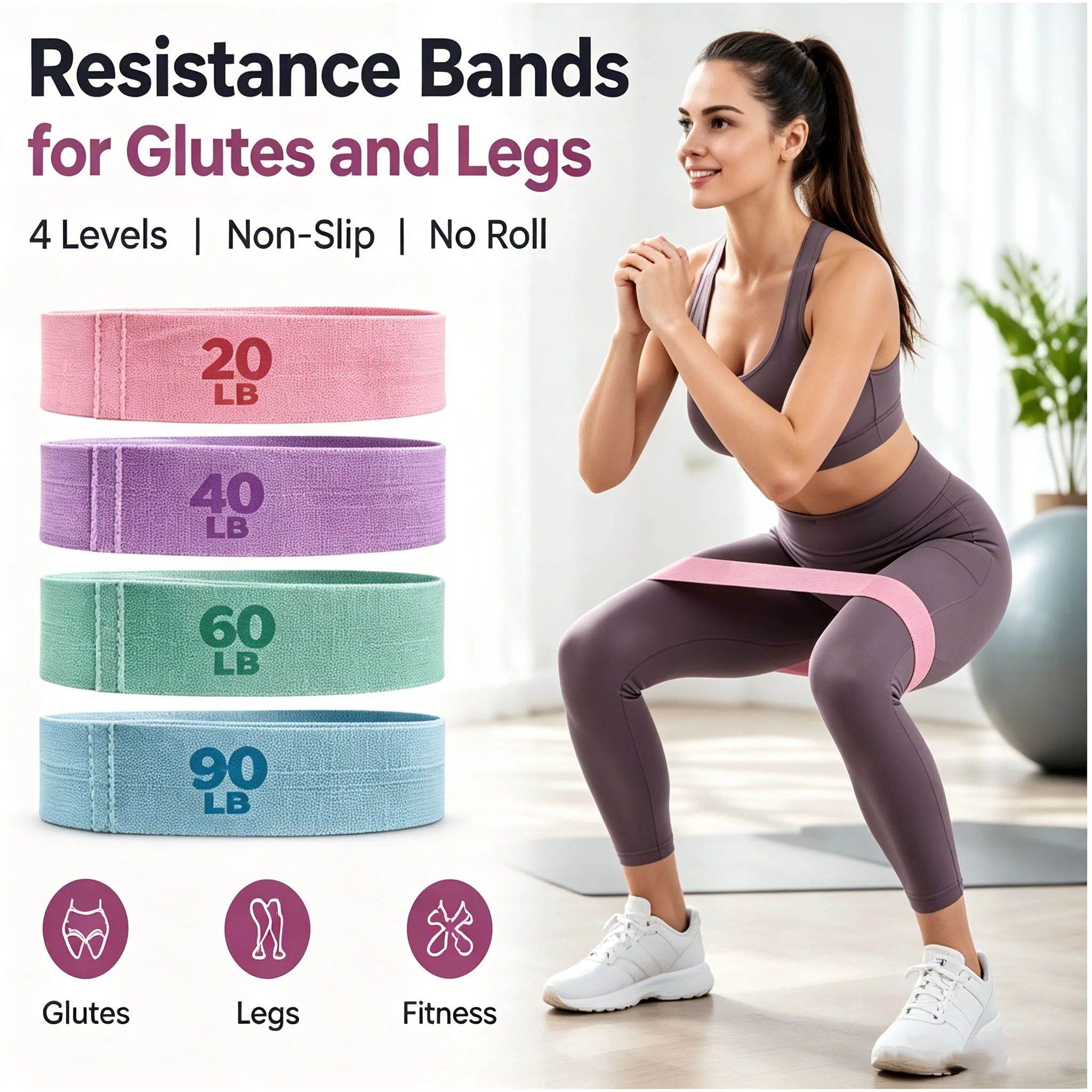 Resistance Bands for Glutes and Legs 4 Levels Non-Slip No Roll Bands Portable Exercise Band for Squat Yoga Home Fitness Training