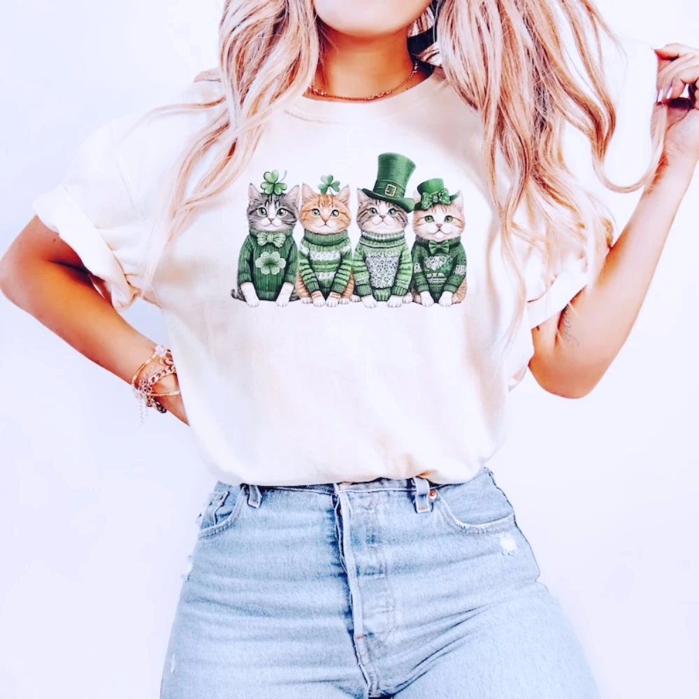 St Patricks Day Cats T-shirt Funny Irish Cats Shirt Patricks Day Cute Women TShirt Cat with Shamrocks Tee Gift for Cat Lover Top