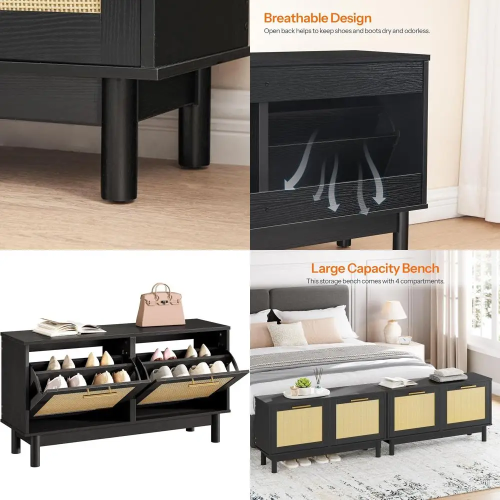 

Narrow Rattan Shoe Storage Bench with Lip for Entryway and Hallway in Black