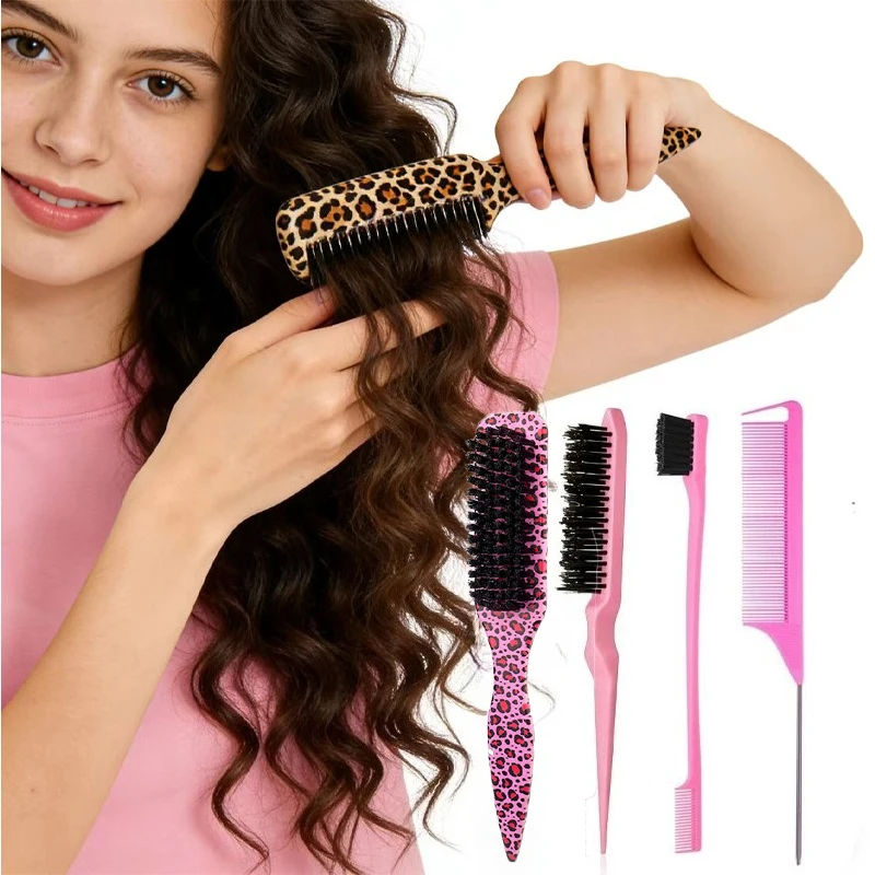 Slick Back Hair Brush Set Leopard Printed Set Smoothing Brush Boar Bristle Slick Back Hair Brush Styling Accessories for Women