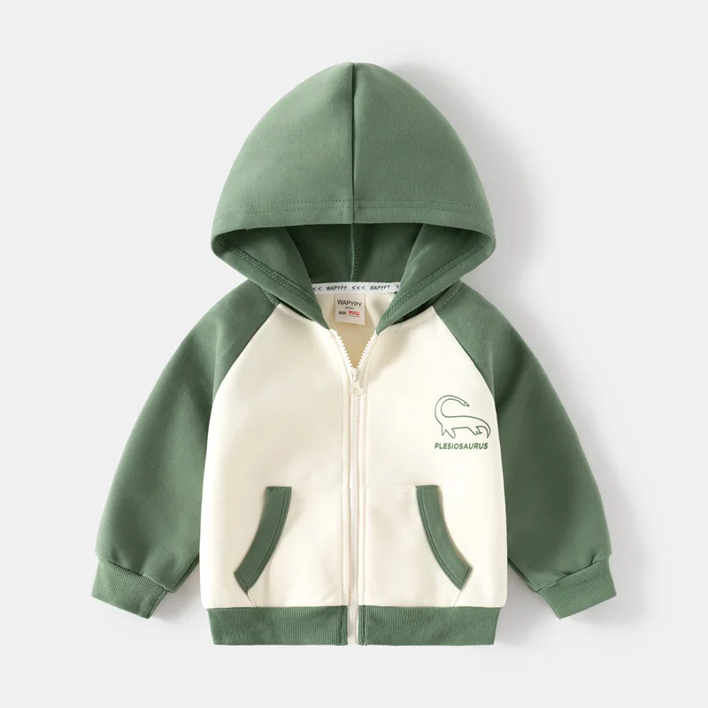 2026 New Kids Hooded Sweatshirt, Boys Color‑Block Dinosaur Zip‑Up Jacket, Korean Style Toddler Boys Outerwear