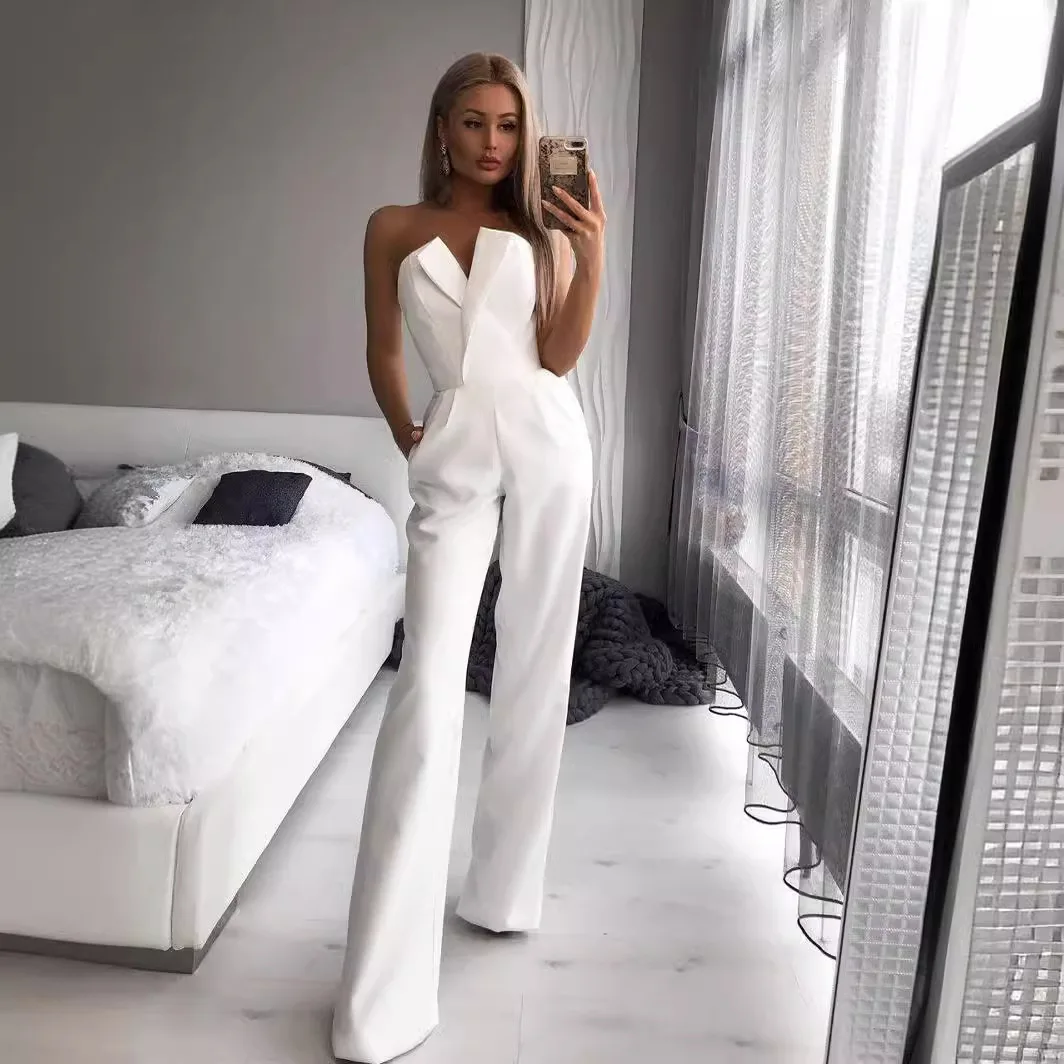 Spring Summer Chinese Style Oblique Mid-Waist Jumpsuit Women's Elegant Commuter
