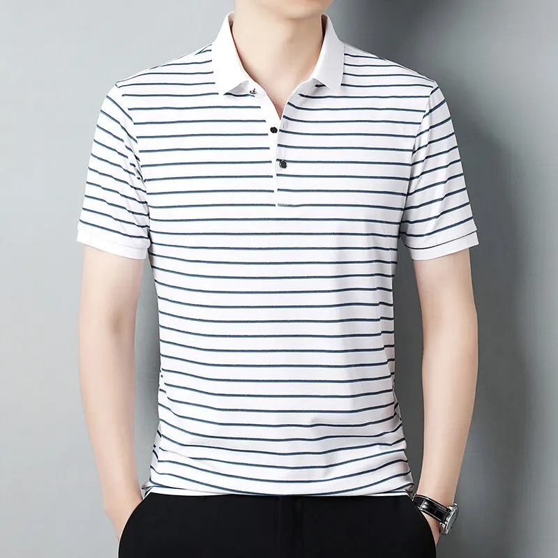 Summer Fashion Striped T-Shirts Men Turn Down Collar Short Sleeve Smart Casual Tshirt Mens Wrinkle Free High Quality Tees Tops