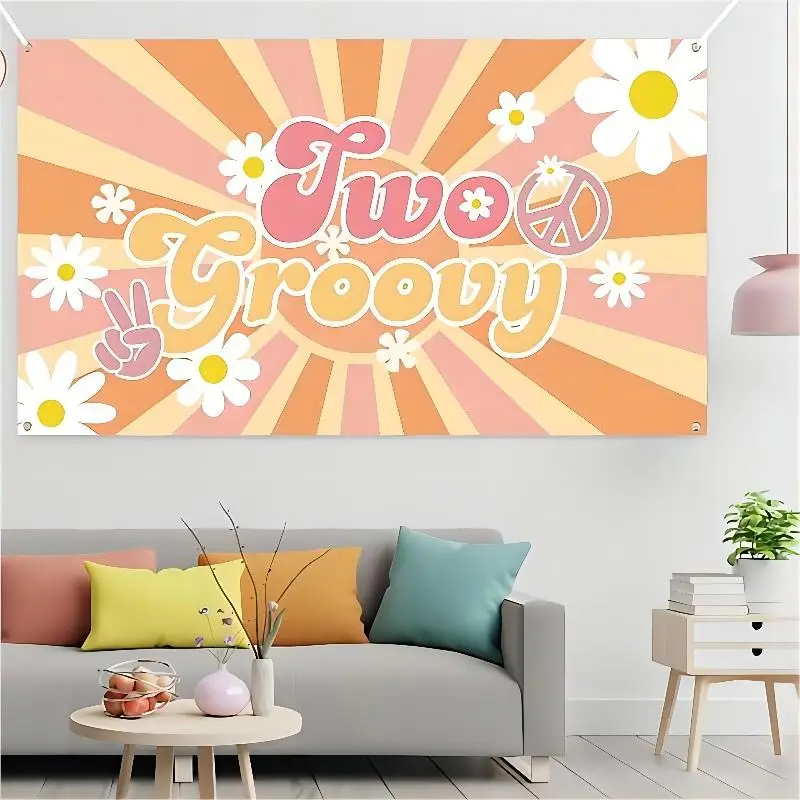 Two Groovy Banner Hippie Boho Girl Party Backdrop Background for Kids Favors 2nd Birthday Decoration Cloth Outdoor Photo props