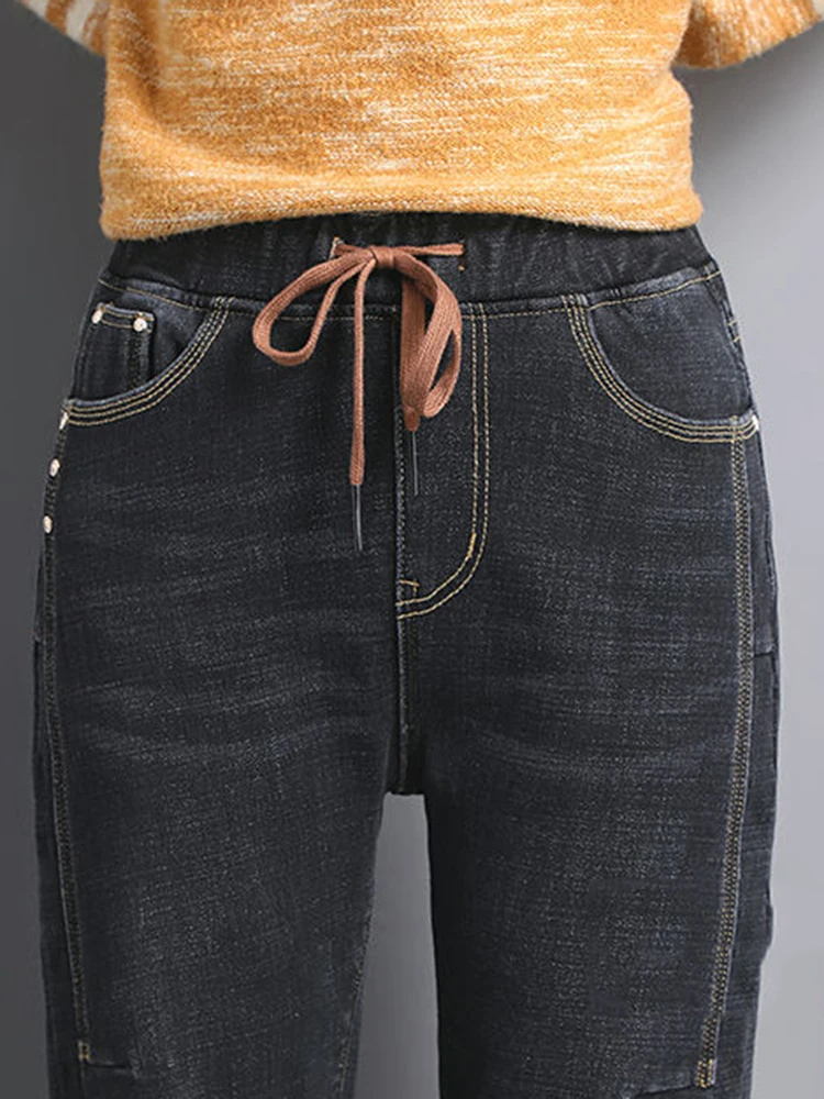 Winter Plush Lined High Waist Harem Jeans Big Szie 80kg Lace Up Denim Pants Vintage Thicken Vaqueros Warm Baggy Kot Pantolon