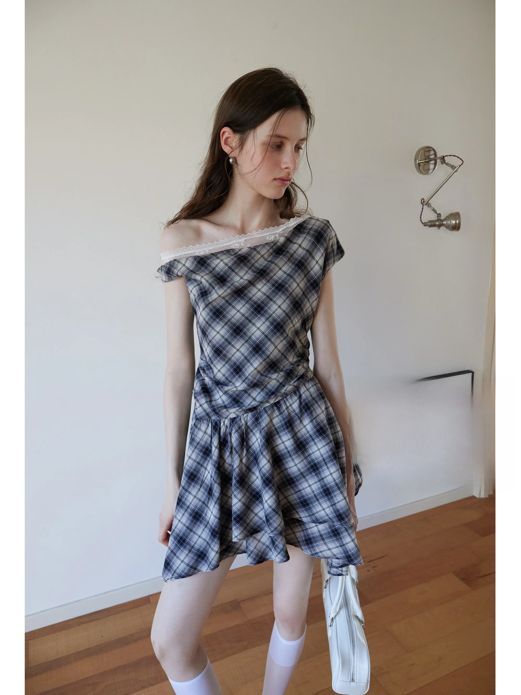 Eggka Korean Sle Lace Collar Plaid Svel Women's Dr Slimming A-Line ort Skirt High Waist Summer Faion Dr