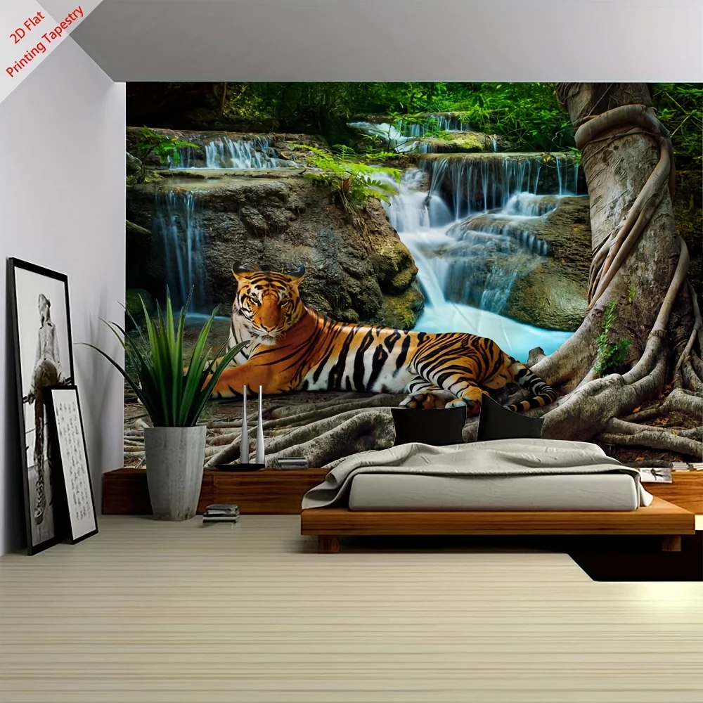 Tiger In Forest Waterfall Wall Mural 2D Flat Printing Tapestry Nature Wildlife Art Decor For Bedroom Living Room Home Interior