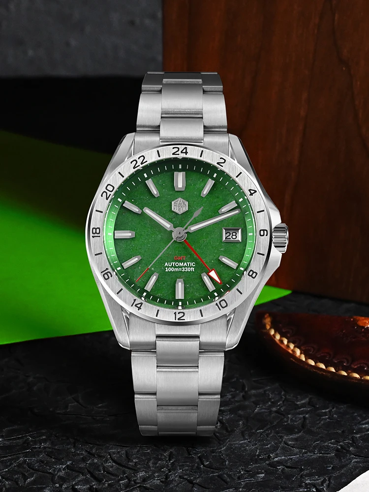 San Martin 39mm Luxury Men Watch Green Jade Stone Red Agate Rare Mineral Gemstone NH34 GMT Automatic Mechanical Sapphire SN0129