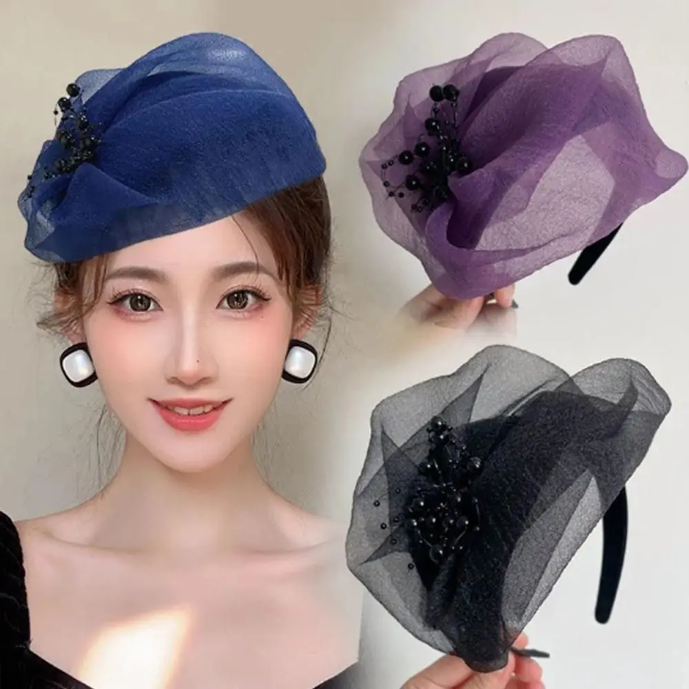 Elegant Beaded Mesh Hairband Women French Hair Accessories Mesh Veil Fascinator Hat Dinner Party Hairband Bead Yarn Half Hat