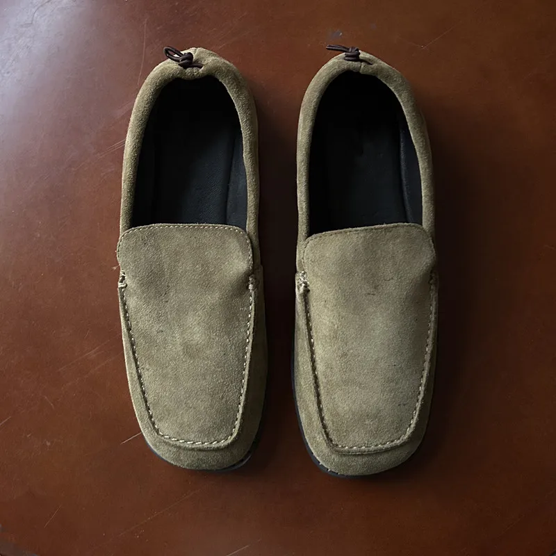 Maxdutti, zapatos de gamuza de piel de vaca hechos a mano estilo folk francés, color caqui, zapatos vintage con punta cuadrada para mujer, mocasines para mujer