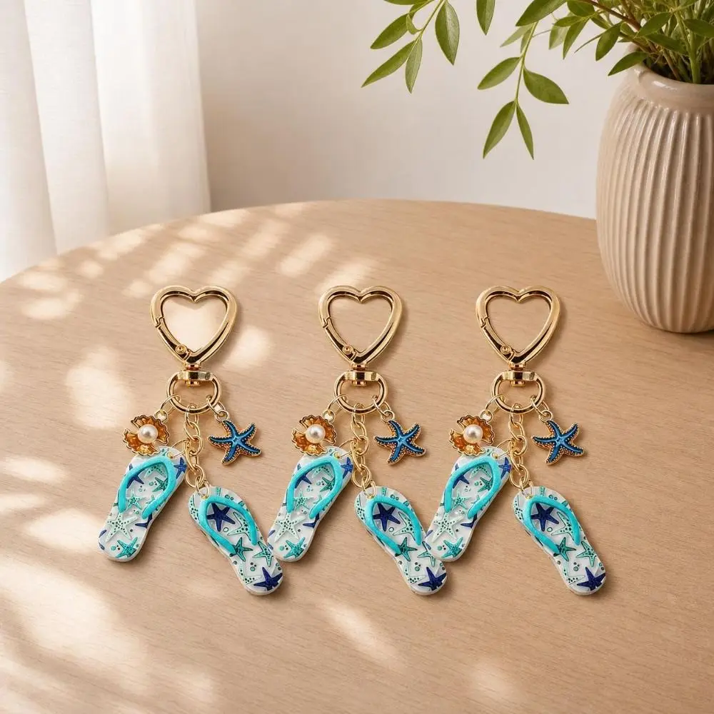 Acrylic Flip Flop Starfish Keychain Heart Clasp Portable Summer Beach Pearl Keyring Funny Anti-fade Starfish Shell Pendant