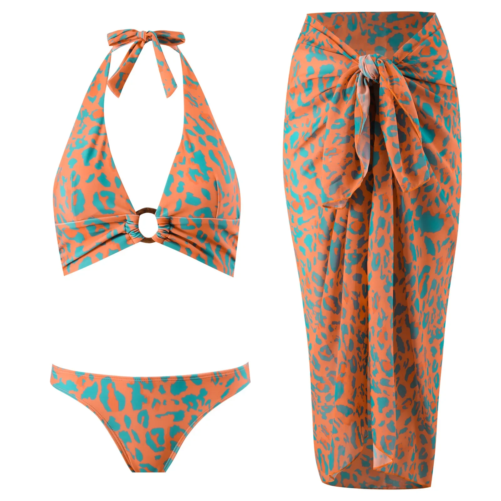Women's One Piece Swimsuit with Cover Up Set Beach Wrap Skirt Leopard Thong Bikini Set Three Piece Bathing Suit with Beach Skirt