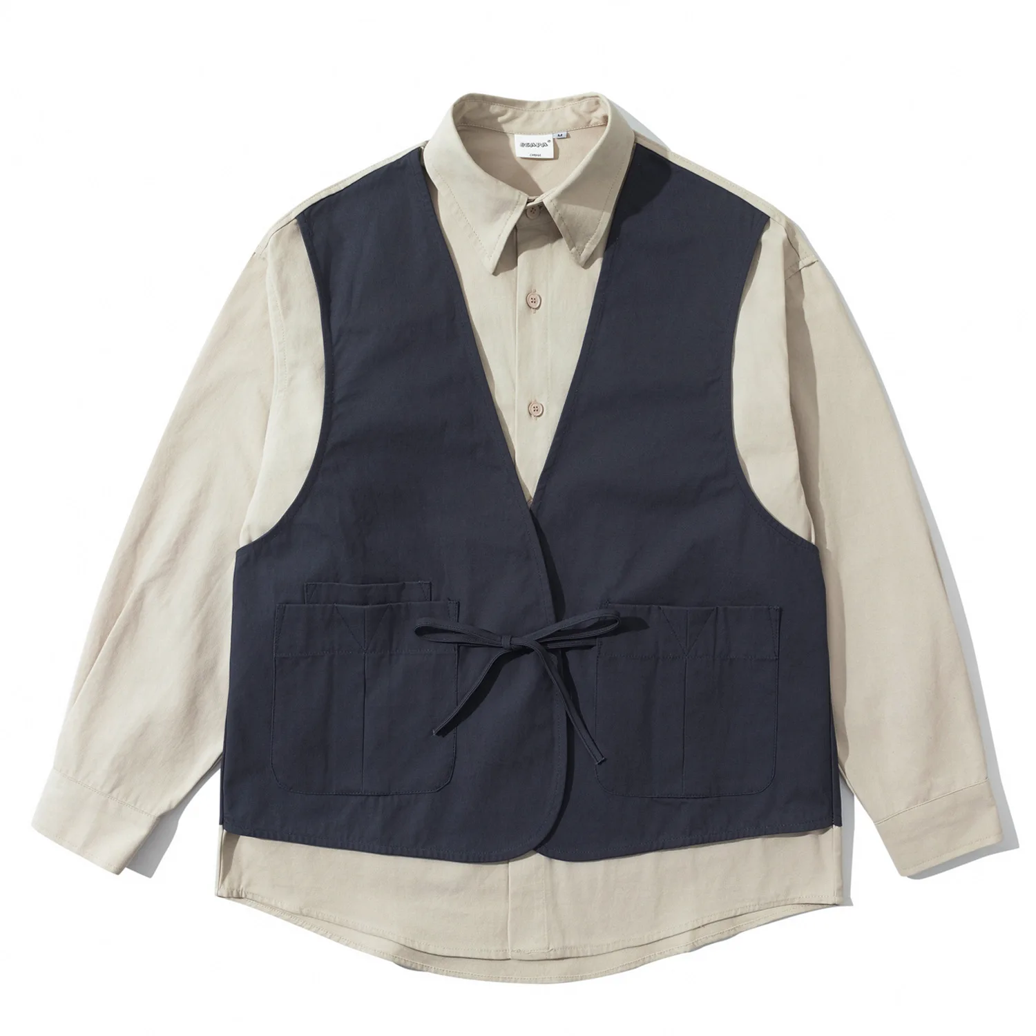Japanese Retro Amekaji Fake Two-Layer Vest & Workwear Shirt Patchwork Unisex Loose Fit 100% Cotton Long Sleeve Shirt Streetwear