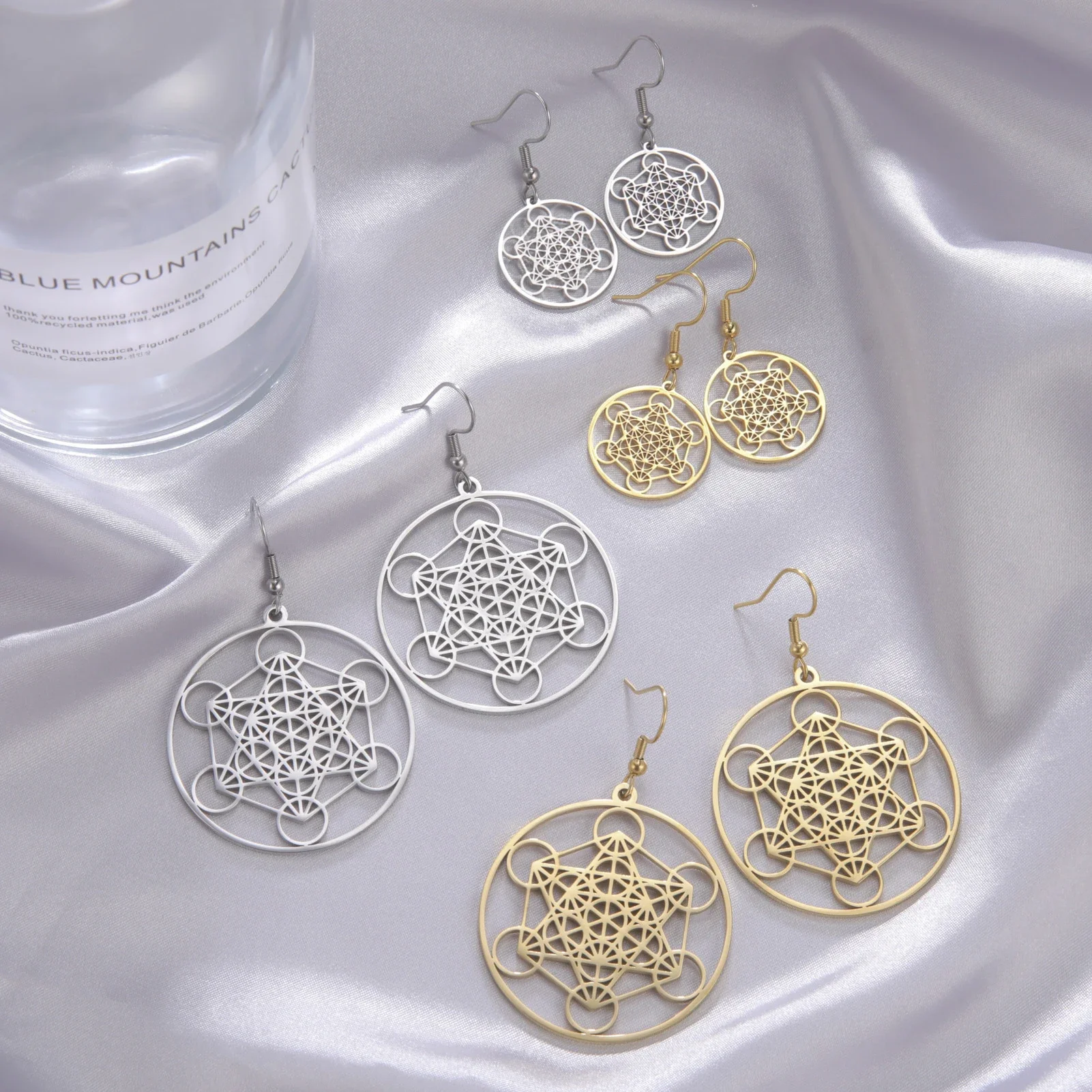 Skyrim Metatron Cube Dangle Earring for Women Stainless Steel Amulet Sacred Geometry Drop Earrings Spiritual Jewelry