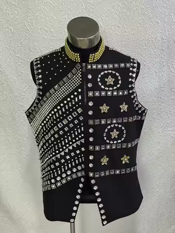 New Fashion Rivets Rhinestone Beads Coat Men's Royal style Crystal Vest Nightclub Male DJ singer Dancer Stage Ds Costume