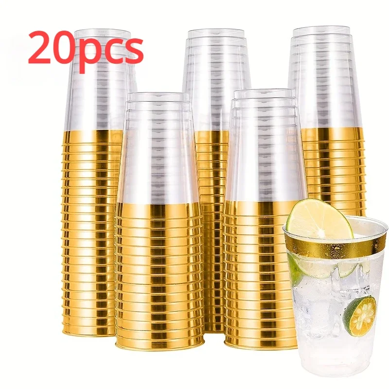 20pcs 10oz Clear Golden Rimmed Plastic Cups Wine Glasses Elegant Disposable Plastic Tumblers for Weddings Parties Ice Cream Cup