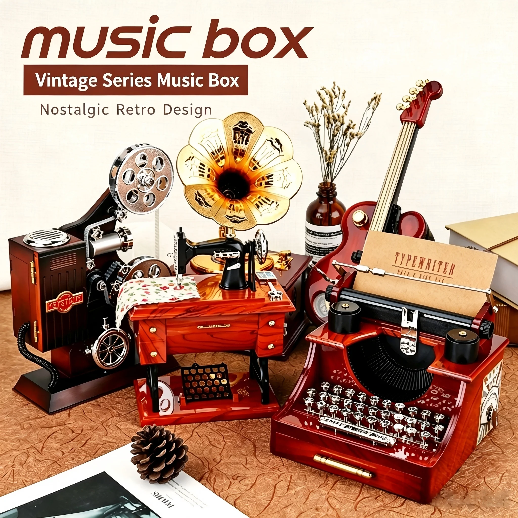 Retro Music Box Vintage Gramophone Sewing Machine Typewriter Wind Up Mini Home Decor Ornament Creative Gift Home Office Decor