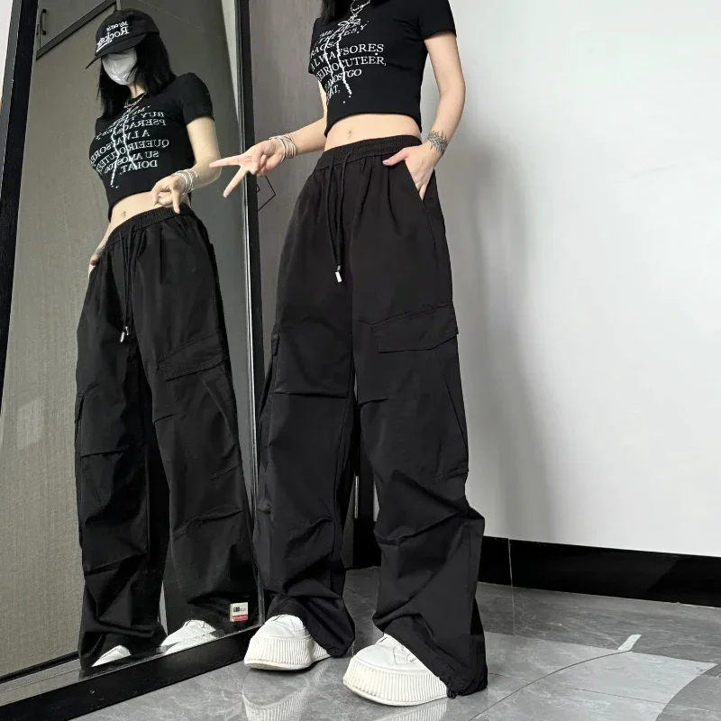 Summer Cargo Pants Women's Elastic High Waist Drawstring Solid Spliced Pockets Loose Breathable Straight Hip Hop Casual Trousers