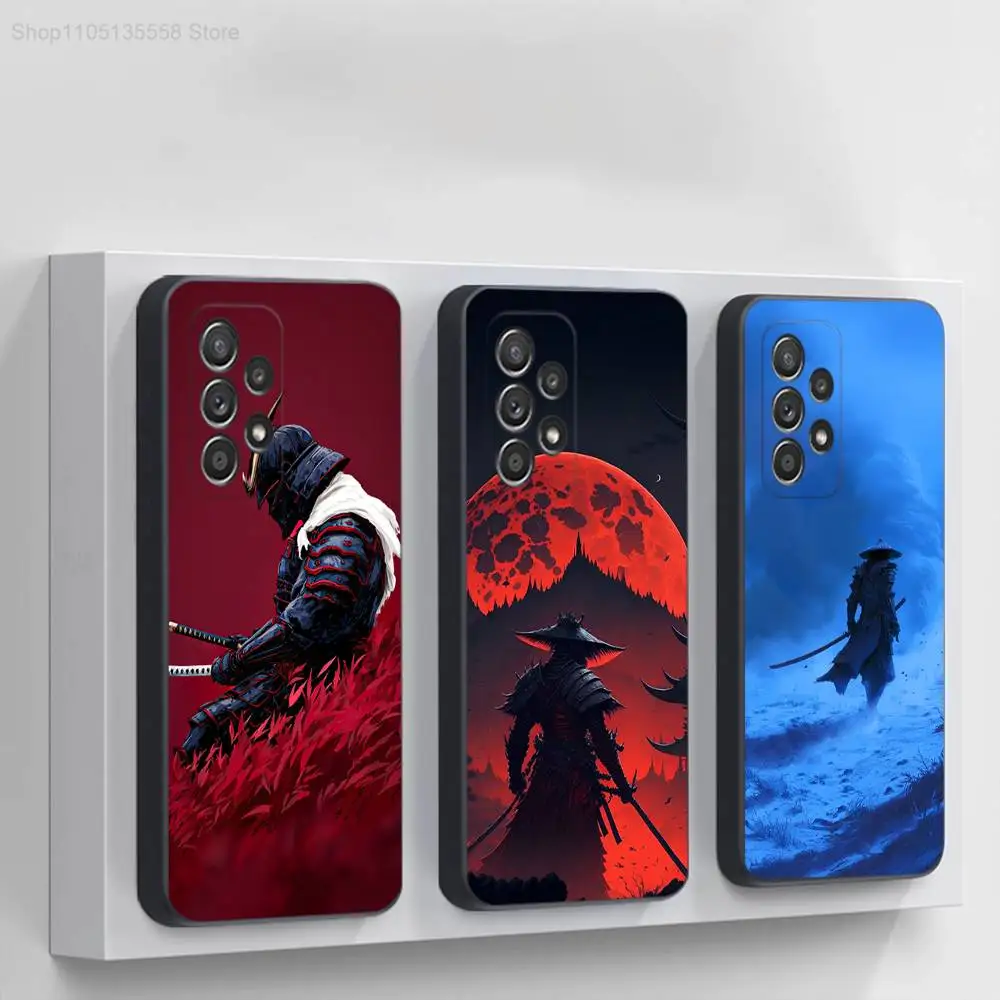 日本の武士道サムライ電話ケースサムスン S 25、24、23、22、30、21、10、9、ウルトラ、プラス、ライト、FE、4、5G ブラックソフトケース