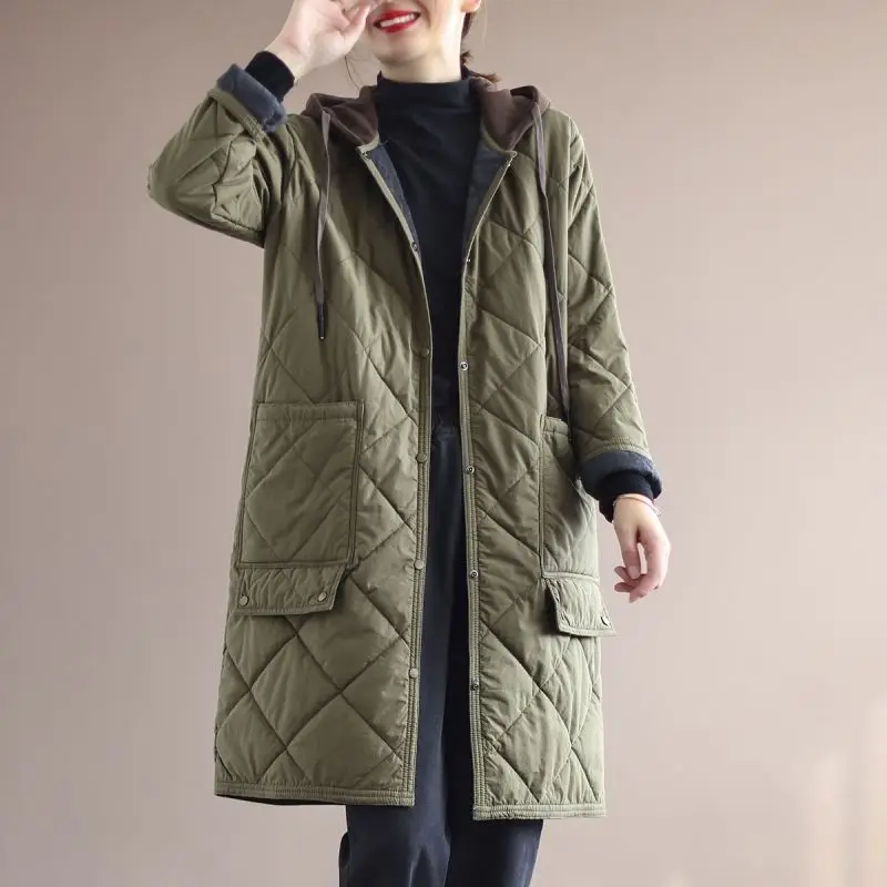Warm Cotton Jacket Women's Mid-Length Quilted Diamond Pattern Cotton Coat Winter Thickened Long Sleeve Hooded Single Button