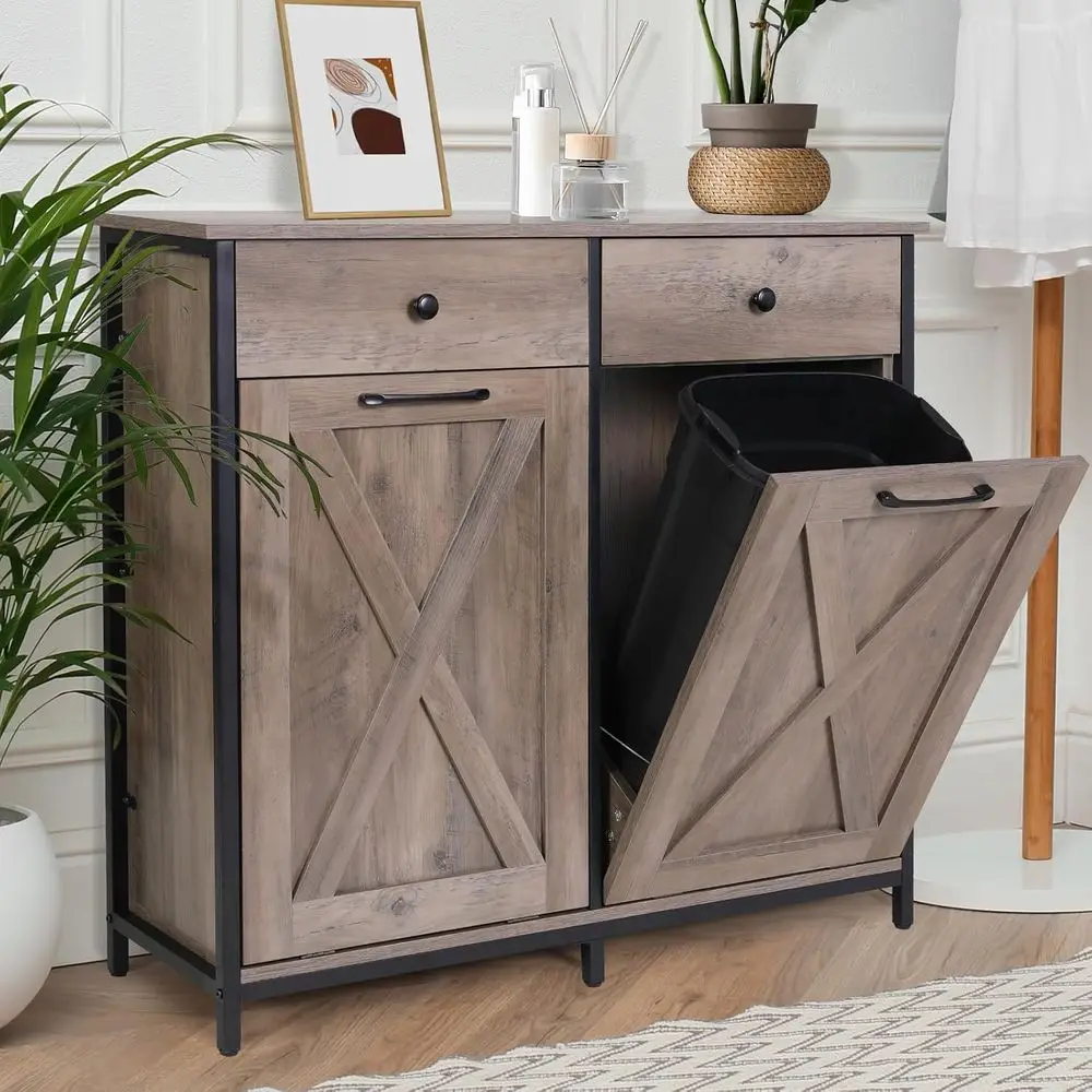 Double Out Trash Cabinet 10 Gallon*2,Kitchen Garbage Cabinet | Pet-Proo Standing Hidden Dual Laundry Sorter,W/Hideaway Der,or Ki