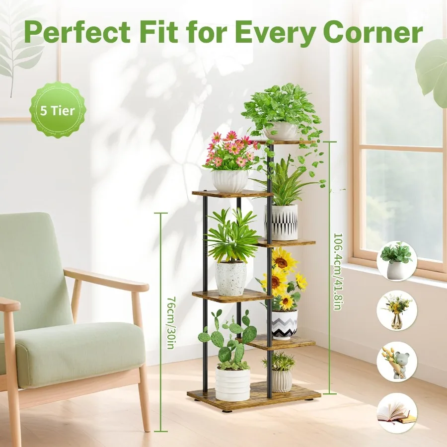 Soporte para plantas de 5 niveles, estante de soporte para flores múltiples de madera y Metal de esquina escalonada para interiores, estante de exhibición de orquídeas de 42 pulgadas de alto para Patio y porche
