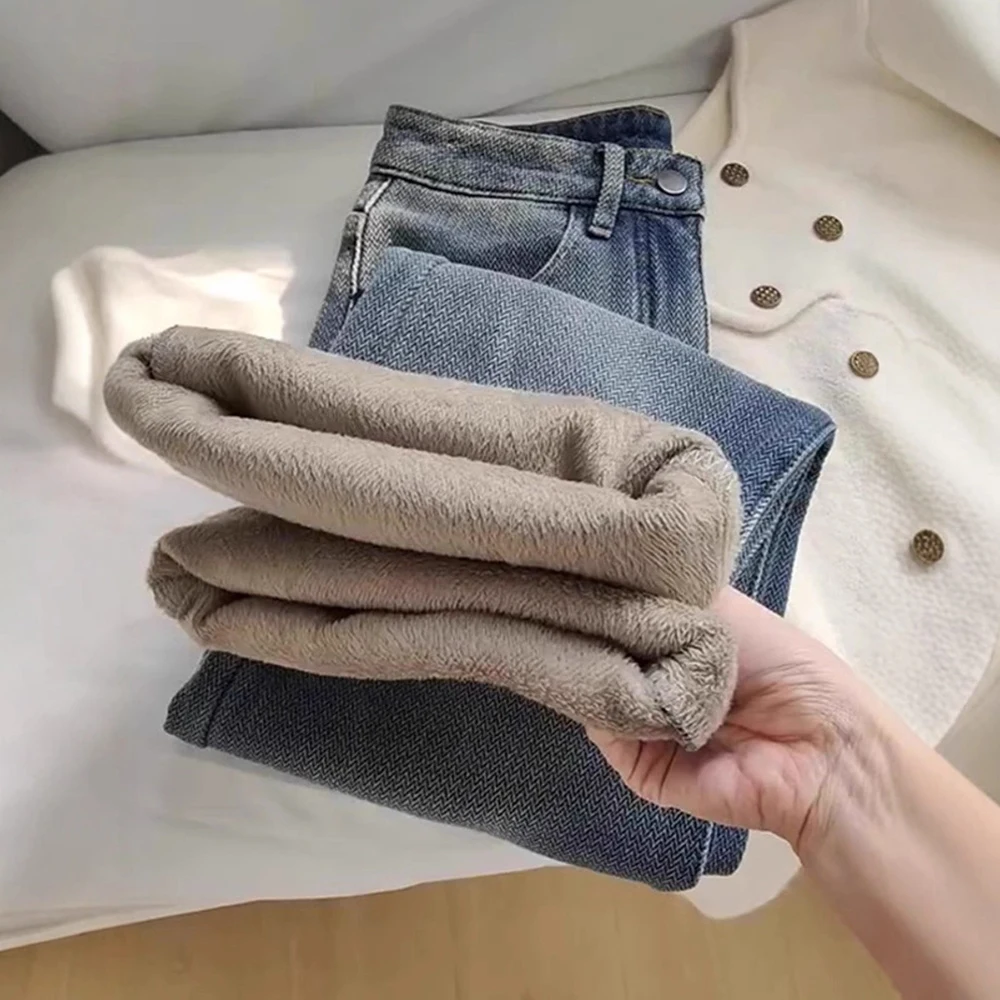 Autumn Winter Thicken Fleece Jeans Women Fashion High Waist Straight Leg Warm Thick Denim Pants Long Solid Commute S-XL Trousers