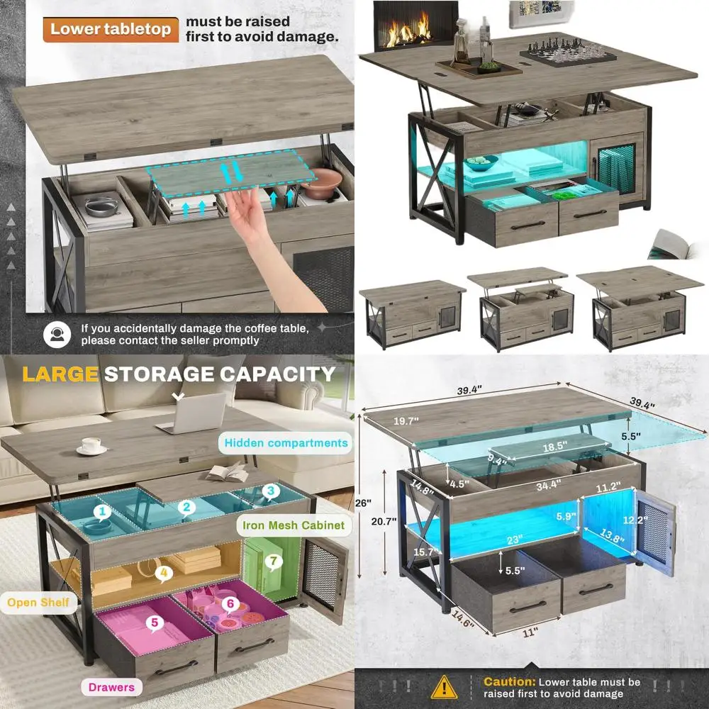 Grey Farmhouse Style 40 Lift Top Coffee Table with Storage, Fabric Drawers & LED Light