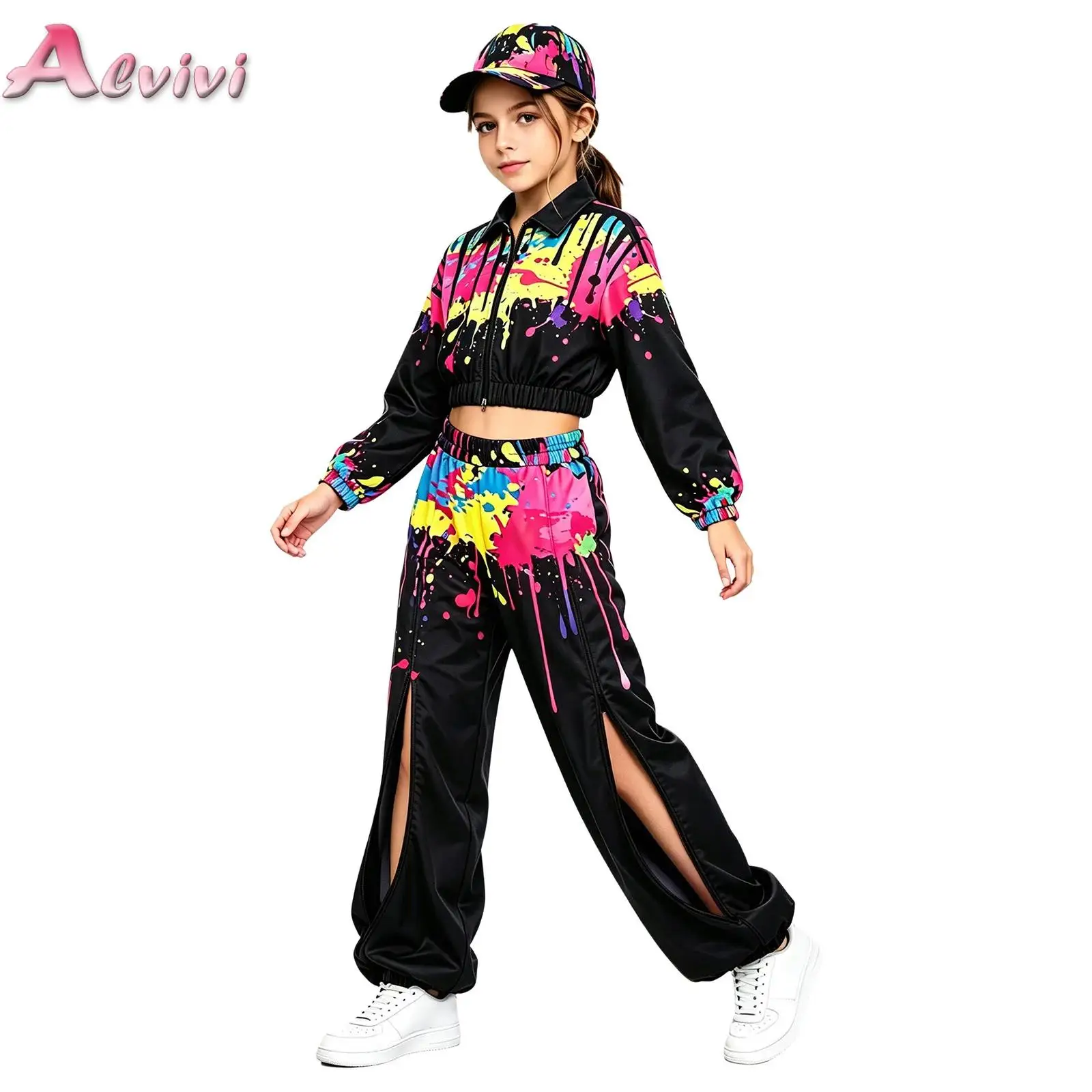 Kids Girls Colorful Print Pants Zipper Front Sweatpants Elastic Waist Legs Trousers with Pockets for Hip Hop School Outdoor Play