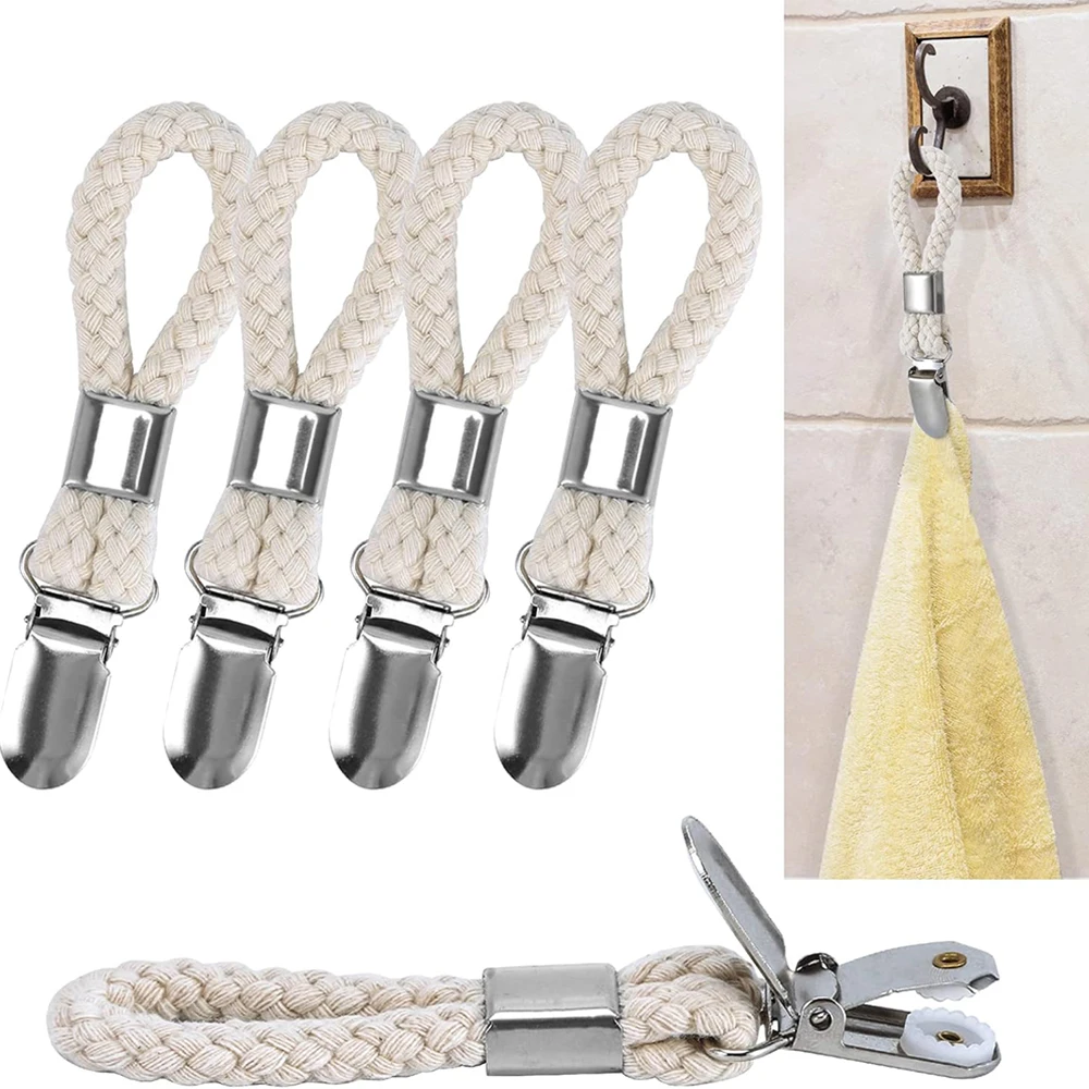 5pcs Towel Hanging Clips Clamps Braided Multipurpose Cotton Loop Metal Hook Kitchen Bathroom Storage Clips Socks Clothes Hanger