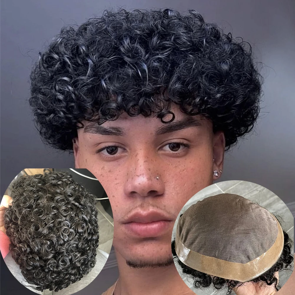 Durable Breathable Australian Lace&PU Base/Fine Mono&PU Base Men Toupee 100% Human Hair System Prosthesis 18mm Curly