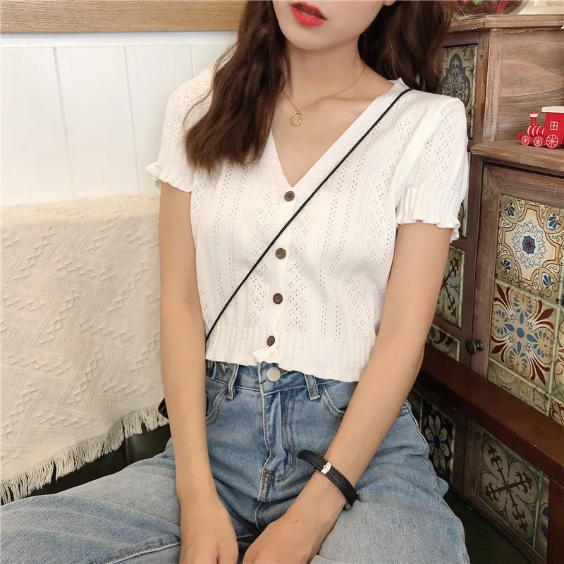 Button Front Puff Sleeve Crop Shirt V-neck Cutout Lace T-shirt for Women Teengirl Y2K Fairycore Aesthetic Outfit