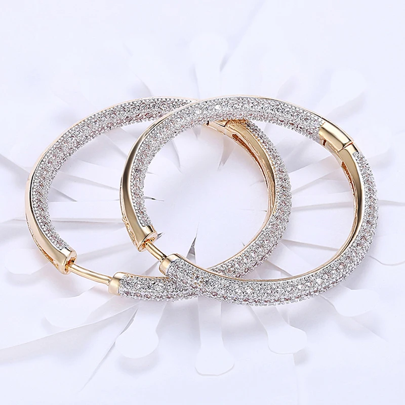 925 Sterling Silver 34mm 18K Gold Zircon Circle Hoop Earrings For Women Fashion Wedding Jewelry