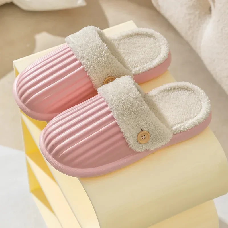 Waterproof Warm House Slippers Women Winter 2024 Closed Toe Plush Home Slippers Woman Removable Flat Heel Indoor Cotton Shoes