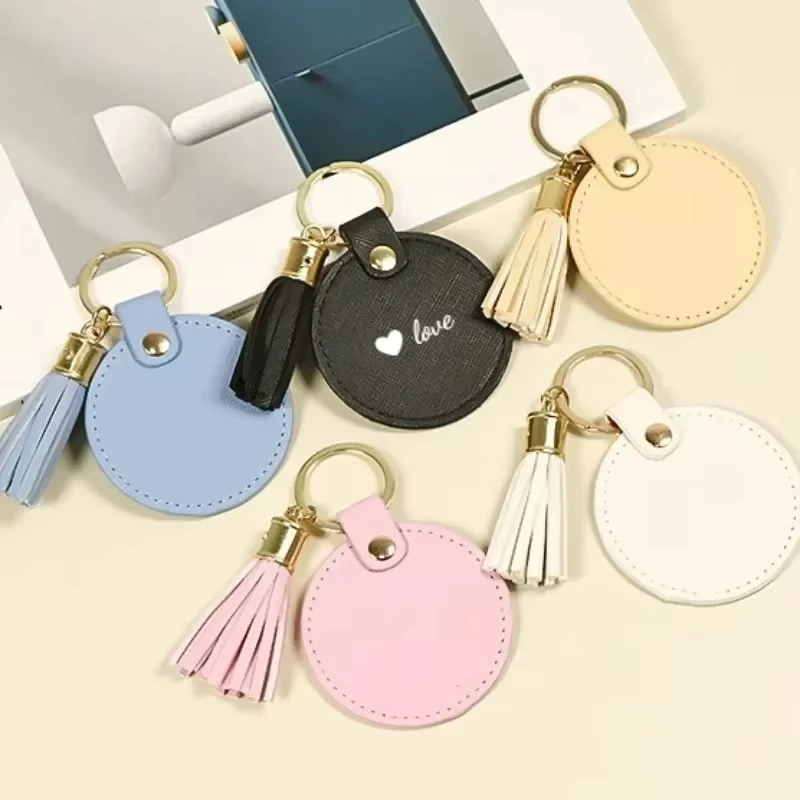 Laser Csutom Logo Round Heart Tassel Keychain Blank Leather Engrave Car Keyring Bag Pendant Personalize Name Number Car Keyring