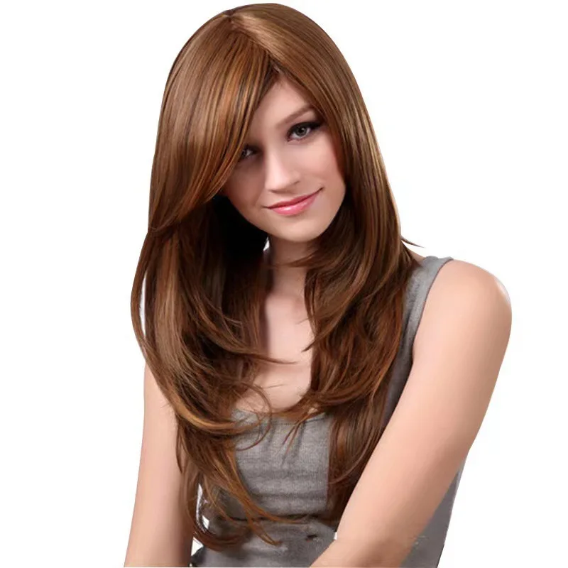

European and American Style Wig with Side Bangs, Long Hair with Highlights, Brown Long Straight Hair, Pear Blossom Curl, Synthet