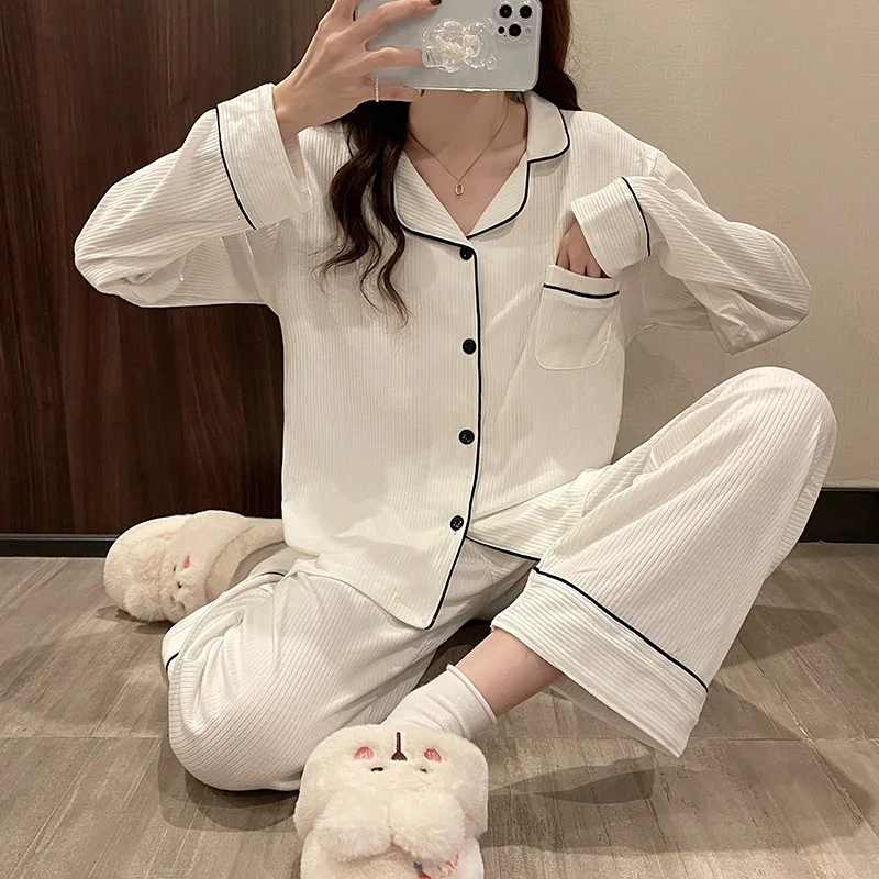 New Casual Sleepwear Pyjamas Women Black White Autumn Winter Home Clothes Long Sleeve Female Nightwear Pajamas Set M-3XL