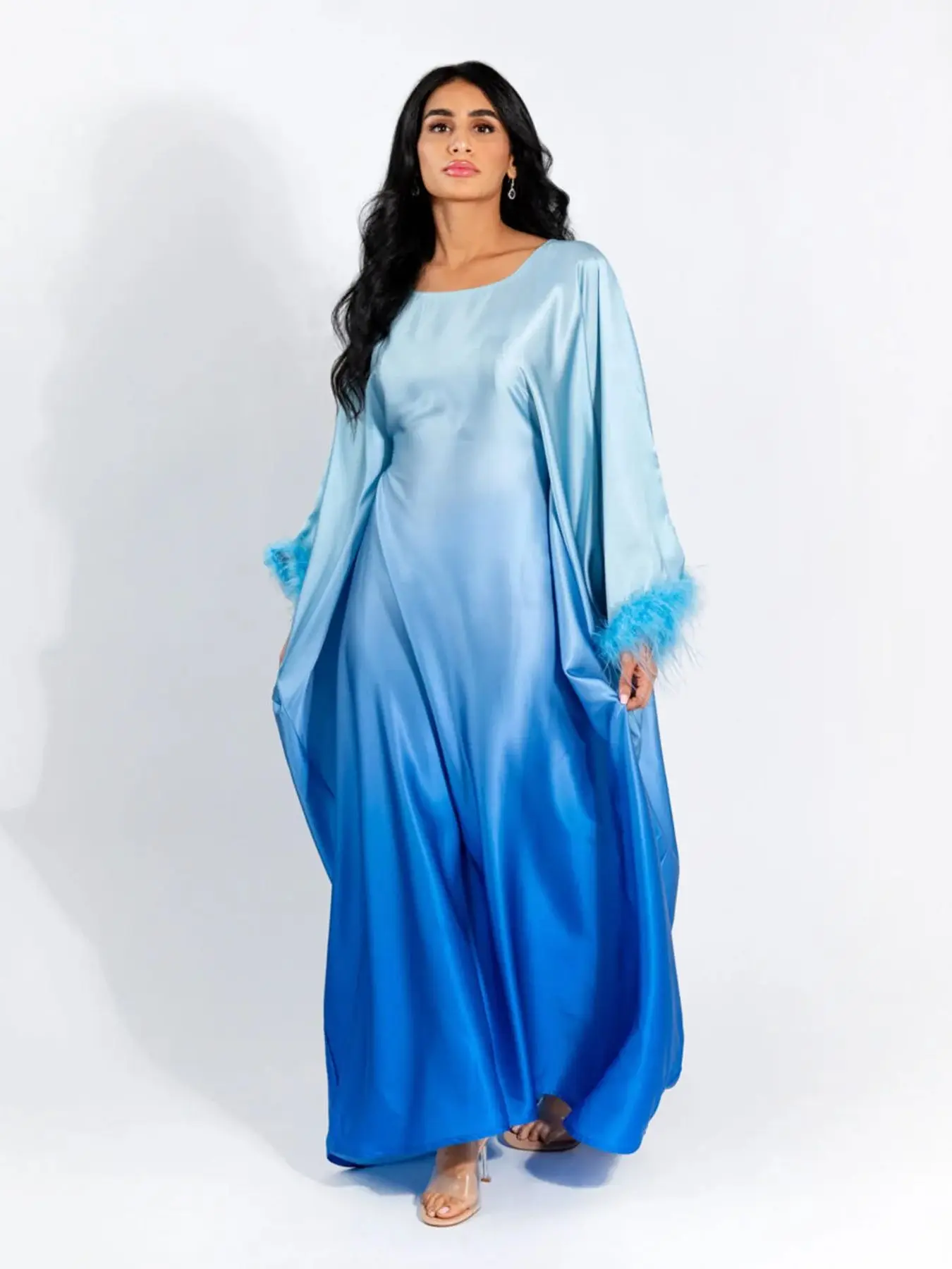 Fashion Shiny Feather Cuff Muslim Dress Robe Female Full Length Soft Butterflies Abaya Muslim Dress Worship Service Abaya wy2073