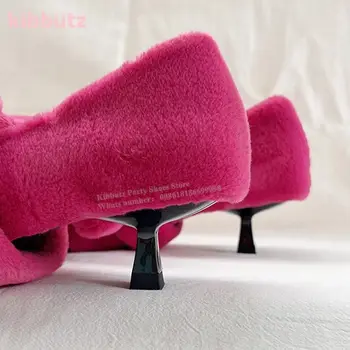 毛絨蝴蝶結單跟純色套腳尖頭小貓跟時尚新穎優雅性感女鞋最新款 8 最佳銷售 毛茸茸的高跟鞋 - №5