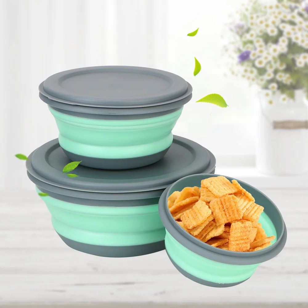 Foldable Salad Bowl Folding Lunch Box 3Pcs/Set with Lid Silicone Food Container Bowl Sets