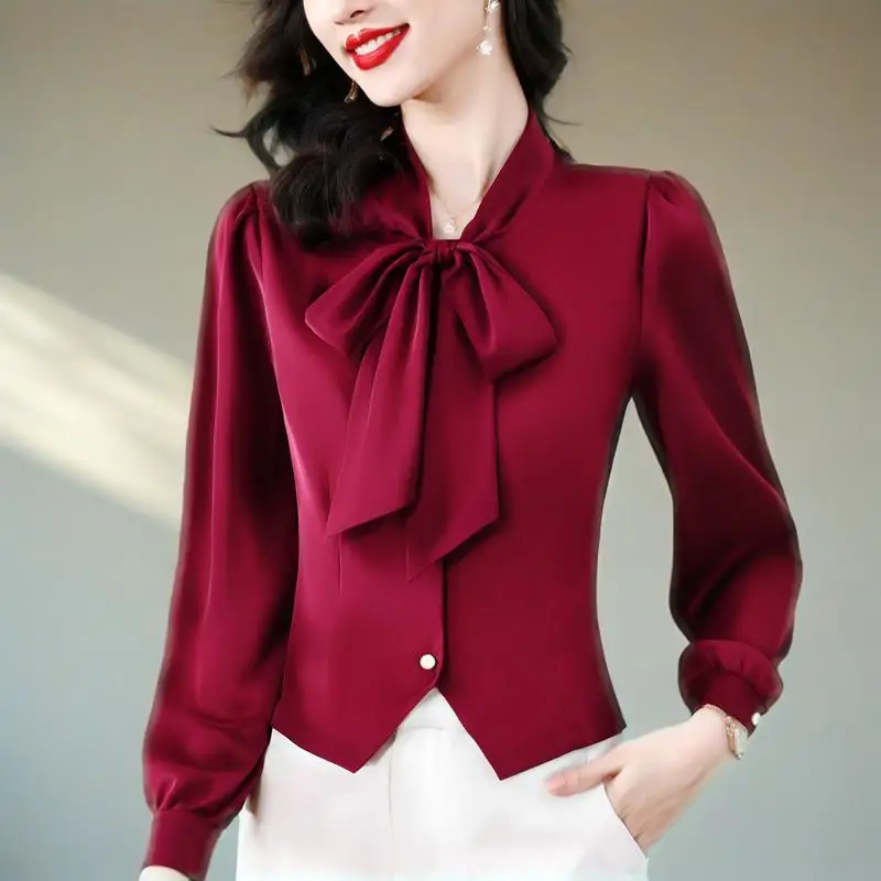 

Women's Short Length Satin Shirt with Bow Tie 2025 Fashion Long Sleeve Blouse Elegant and Stylish French Style Tops
