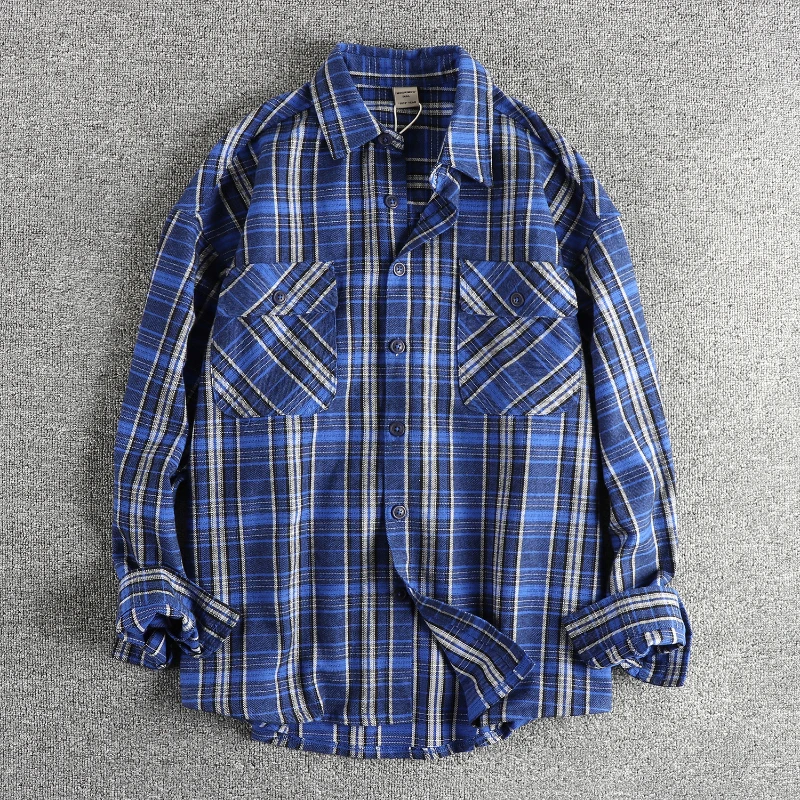 Autumn and winter high street retro trend plaid shirt men made fabric loose comfortable casual cargo shirt