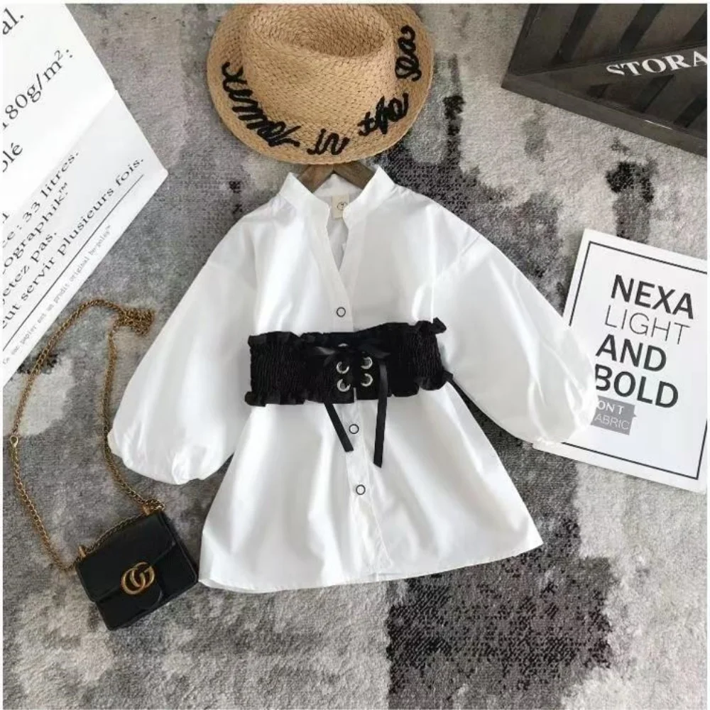 

Girls' White Western-style Waist Cinching Shirt 2026 Spring Snd Autumn Style Girls' Mid Length Trendy Shirt