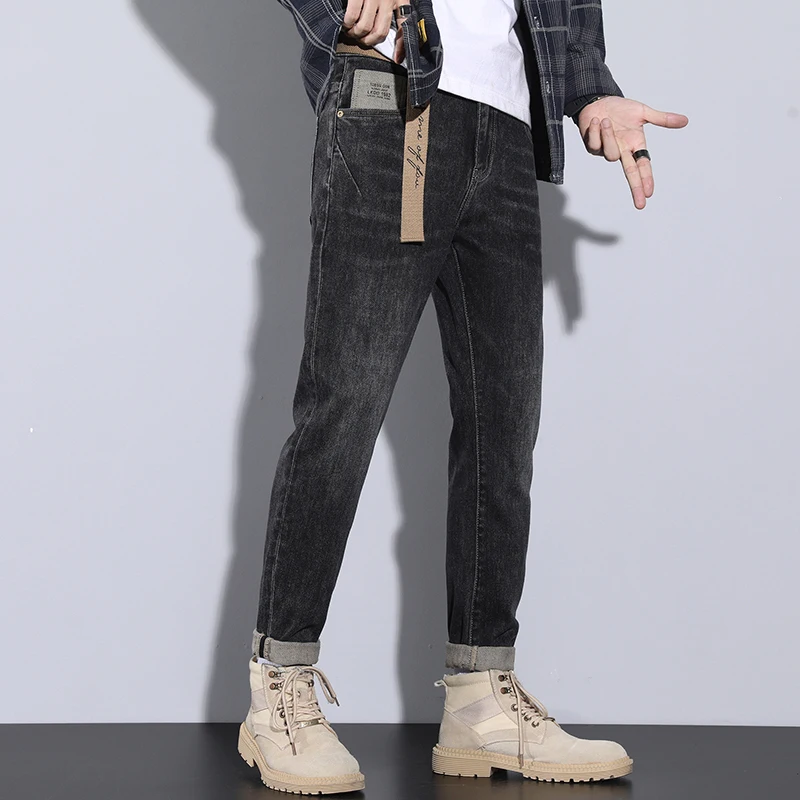 2024 winter thin velvet denim pants men's fitted small feet trend casual versatile long pants washed large size men's pants