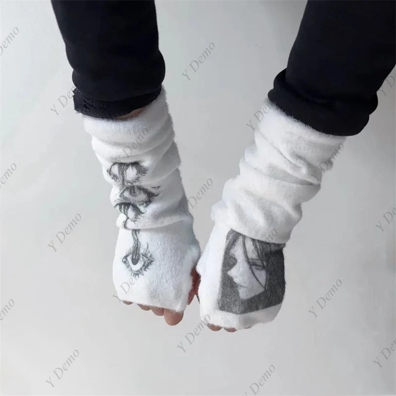 Y Demo Harajuku Cartoon Doodle Printing Sleeve Cover Elastic Gothic Fingerless Gloves