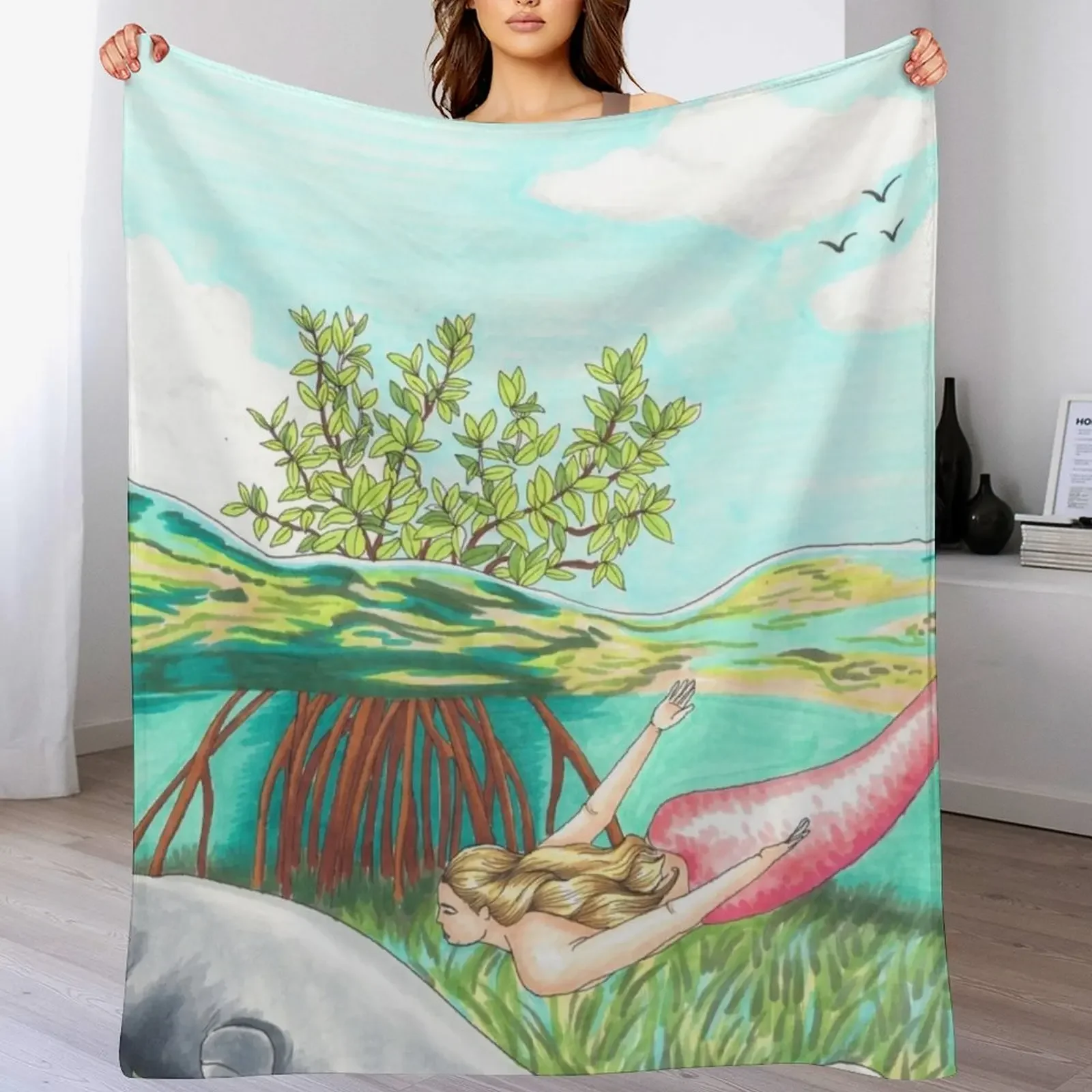 Mermaid in the Mangroves Throw Blanket Cozy Throw Blanket for Bed Sofa Chair