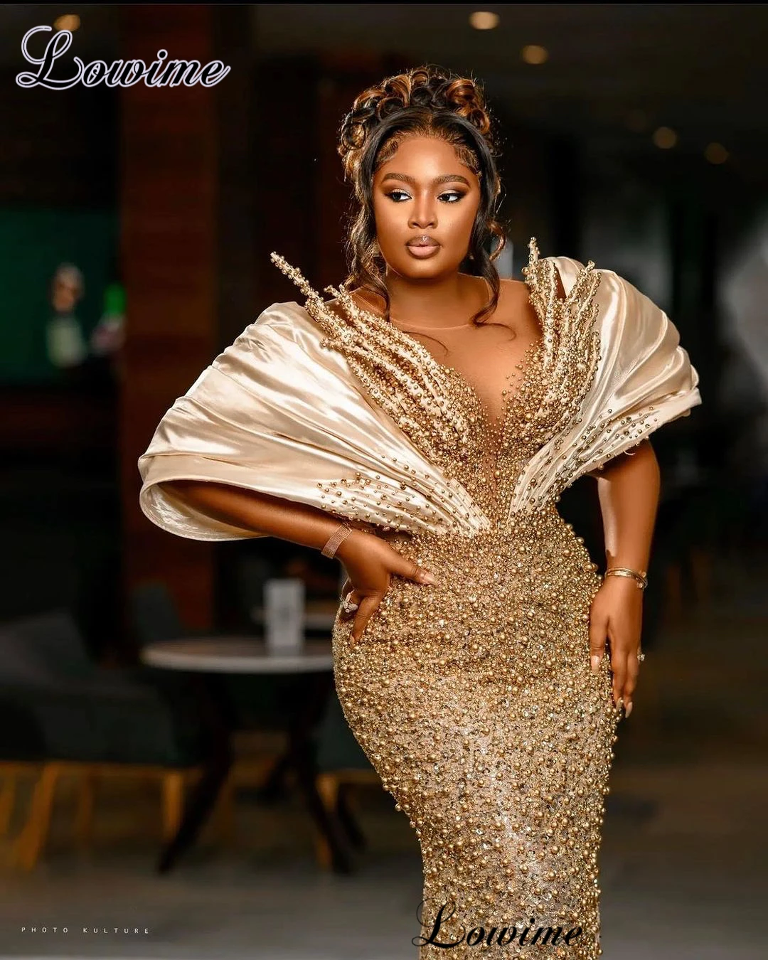 Plus Size Gold Pearls Cocktail Dresses For Black Women African Beaded Prom Dresses Mermaid Vestidos De Cóctel Celebrity Dresses