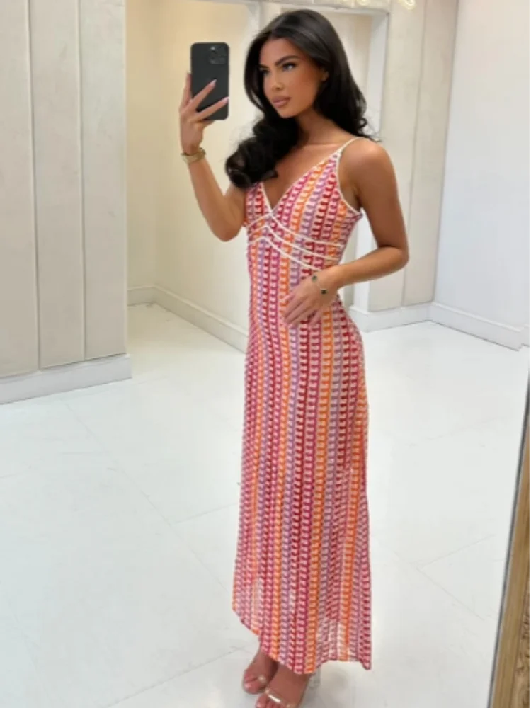 

Women Red Stripe Sling Long Dress Elegant Sleeveless Backless V Neck High Waist Slim Vestido 2025 New Summer Lady Fashion Robe