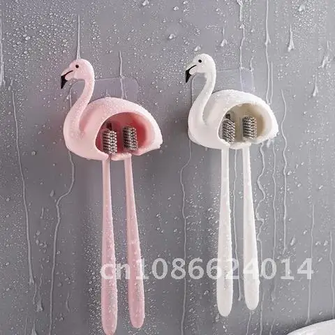 Bathroom Accessories Flamingo Shaped Toothbrush Holder Sucker 2 Position Cartoon Wall Mount Toothbrush Storage Rack WIKHOSTAR