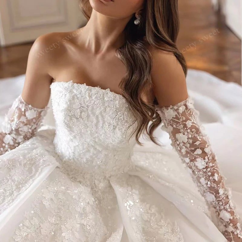 Abito da sposa con spalle scoperte in organza con ricamo staccabile a maniche lunghe abito da ballo personalizzato con lacci sul retro Vestido De Novia